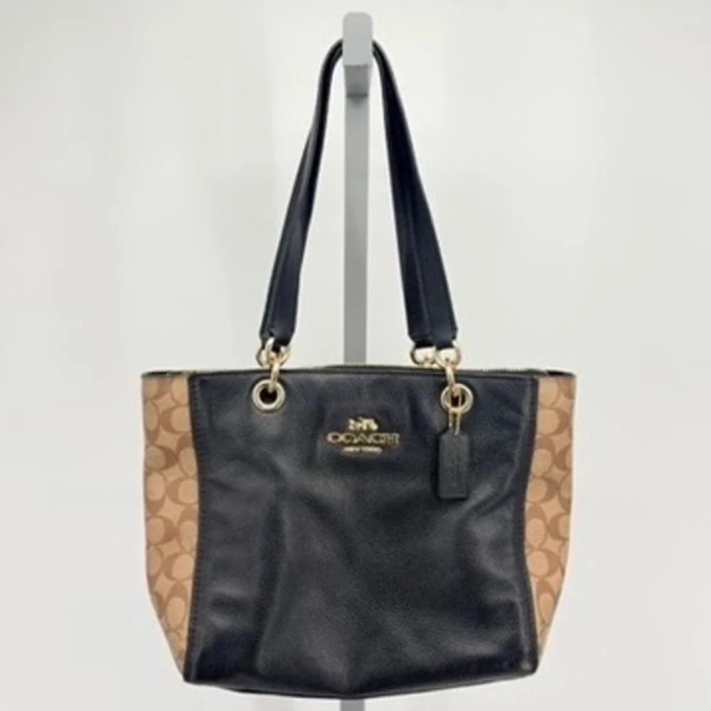 Coach Jes Tote F80810 Signature‎ Canvas Pebble Leather Black Khaki
